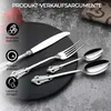 A set of cutlery is displayed on a black plate, with text overlays highlighting product features. Produktbild-Vorschau