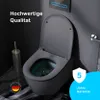 A modern gray toilet with the lid up, in a dark bathroom setting. There is a toilet brush holder to the left and promotional text and badges overlaid on the image. Produktbild-Vorschau