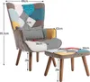 A patchwork armchair and ottoman with dimensions indicated by text overlays. Náhled obrázku produktu