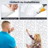 A collage showing how to install 3D wall panels, with close-ups of the adhesive backing and construction adhesive application, and a wider shot of a man and woman applying the panels to a wall. Voir les images du produit