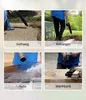 A collage of four images showing different uses of a leaf blower and a workbench. Produktbild-Vorschau