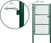 A close-up view of a gate hinge mechanism and a full view of a green metal gate. Produktbild-Vorschau