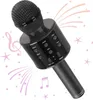 A black wireless karaoke microphone with decorative musical notes and stars in the background. Produktbild-Vorschau