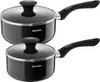 Two black saucepans with glass lids and black handles are shown against a white background. Náhled obrázku produktu