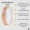 A round wooden lamp with text highlighting its features. Produktbild-Vorschau