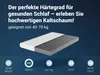 A mattress cut in half to show its internal structure, with text and hardness level indicators. Produktbild-Vorschau