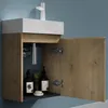 A bathroom vanity with an open cabinet and products inside. Produktbild-Vorschau