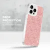 A phone case with a glittery pink back is shown against a light gray background. Produktbild-Vorschau