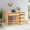 A wooden desk with drawers and a keyboard tray, set up in a room with a window and plants. Produktbild-Vorschau