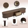 A collage of images showcasing a dark walnut TV stand with various close-up details. Podgląd zdjęcia produktu