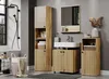 A modern bathroom with wooden vanity units, a sink, mirror, and shower. Produktbild-Vorschau