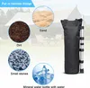 A black sandbag weight for a tent pole, shown with examples of what can be put inside it. Produktbild-Vorschau