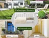 A collage of images showing a wooden bench in different settings: garden, terrace, balcony, and indoors. Voir les images du produit