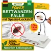 A collage of images promoting a bed bug trap, showing the product packaging, a close-up of bed bugs, and a diagram of the traps. Produktbild-Vorschau