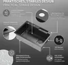 A diagram of a kitchen sink highlighting its features with text labels and icons. Produktbild-Vorschau