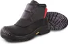 A black work boot with a red accent and a separate sole are shown against a white background. Produktbild-Vorschau