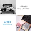 Collage showing a suitcase packed messily and neatly, demonstrating the use of packing bags. Produktbild-Vorschau