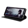 A smartphone in a black flip case is displayed on a white background, showing a movie poster on its screen. Produktbild-Vorschau
