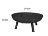 A black metal fire pit with dimensions indicated by text overlays. Voir les images du produit