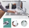 A person is filling a glass with water from a kitchen faucet. The image also shows close-ups of the faucet aerator and water flow. Produktbild-Vorschau