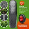 A tire with a red rim and marketing text and images highlighting its features and intended use. Produktbild-Vorschau