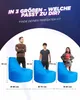 Three blue beanbag chairs of different sizes are shown with people standing next to them to indicate scale. Dimensions are provided for each chair. Produktbild-Vorschau