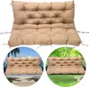 A collage showing a taupe bench cushion in different settings: on a white background, hanging on a swing at a beach, and on a swing in a garden. Náhled obrázku produktu