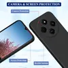 A close-up marketing image showing a black phone case on a light blue and white background, highlighting camera and screen protection features. Produktbild-Vorschau