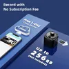 A small black security camera is shown next to a smartphone displaying a live feed, with text highlighting features like 'No Subscription Fee' and 'Up to 256GB'. Produktbild-Vorschau