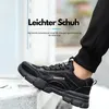 A person's foot wearing a black safety shoe is shown, with text overlay describing the shoe's lightness. Produktbild-Vorschau