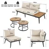 A diagram showing the dimensions of a modular outdoor furniture set, including a sofa, armchairs, and coffee tables. Náhled obrázku produktu