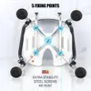 The underside of a white and gray shower chair with metal legs and black suction cups, highlighted with blue circles and lines indicating fixing points. Produktbild-Vorschau