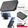 A collage of images showing a black power bank, a blue smartphone with a black stand, and packaging for the power bank. Podgląd zdjęcia produktu