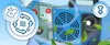 A collage-style marketing image featuring an ozone generator, with icons and graphic elements. Produktbild-Vorschau