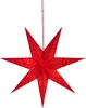 A red, star-shaped paper lantern with small white dots and cutouts, hanging from a thin red string against a white background. Produktbild-Vorschau