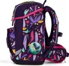 A side view of a purple backpack with a colorful jungle-themed pattern and a toucan patch. Produktbild-Vorschau