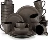 A collection of grey ceramic dinnerware, including plates, bowls, and mugs, neatly arranged. Produktbild-Vorschau