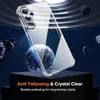 A clear phone case is displayed on a dark pedestal against a cosmic background with planets and asteroids. Produktbild-Vorschau