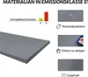Marketing image showing features of a dark gray furniture item, possibly a nightstand or shelf, with text and icons. Produktbild-Vorschau