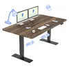An adjustable standing desk with dual monitors, a lamp, and other office accessories, presented with a wireframe overlay highlighting its components. Produktbild-Vorschau