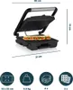 A panini grill with a sandwich inside, showing dimensions and icons representing size, weight, and capacity. Produktbild-Vorschau