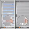 Two windows with roller blinds showing different levels of light blockage. A close-up inset shows a hand adjusting the blind. Produktbild-Vorschau