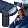 A collage showing a sleeping bag, a packed sleeping bag, and a woman using a sleeping bag. Produktbild-Vorschau