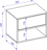 A technical drawing of a white nightstand with dimensions indicated. Voir les images du produit