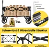 A black folding wagon filled with burlap sacks, with diagrams illustrating its features and construction. Produktbild-Vorschau