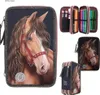A collage of images showing a pencil case with a horse design, including an open view of its contents. Náhled obrázku produktu