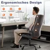 A man is sitting in a brown office chair at a desk, with text overlays highlighting the chair's ergonomic features. Produktbild-Vorschau