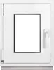 A white plastic window with a glass pane and a handle, presented against a white background. Podgląd zdjęcia produktu