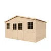 A wooden garden shed with windows and double doors, presented against a white background. Voir les images du produit