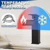 A black faucet is shown with a graphic overlay indicating temperature control, with a flame symbol for hot and a snowflake for cold. A coiled metal hose is also visible. Produktbild-Vorschau
